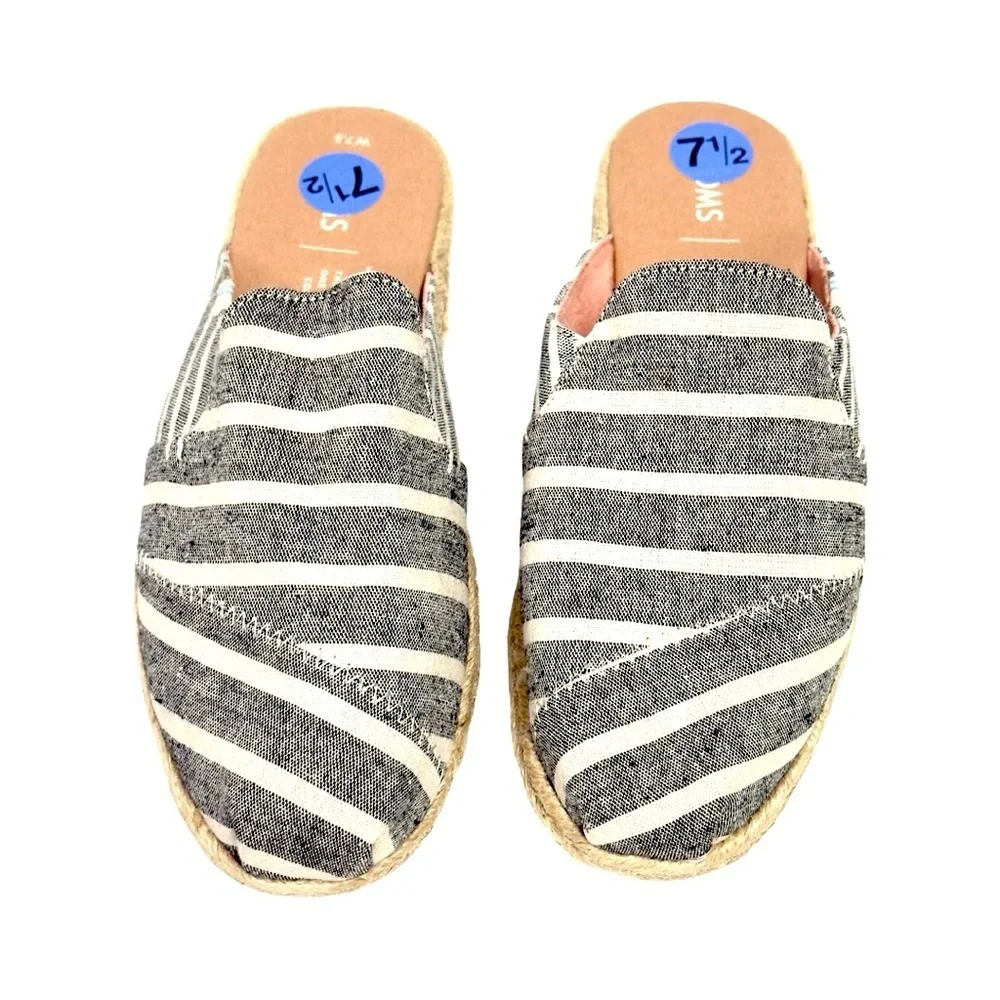 New TOMS Nova Espadrille Mules In Black Cabana Stripes Canvas Slip On Size 7.5